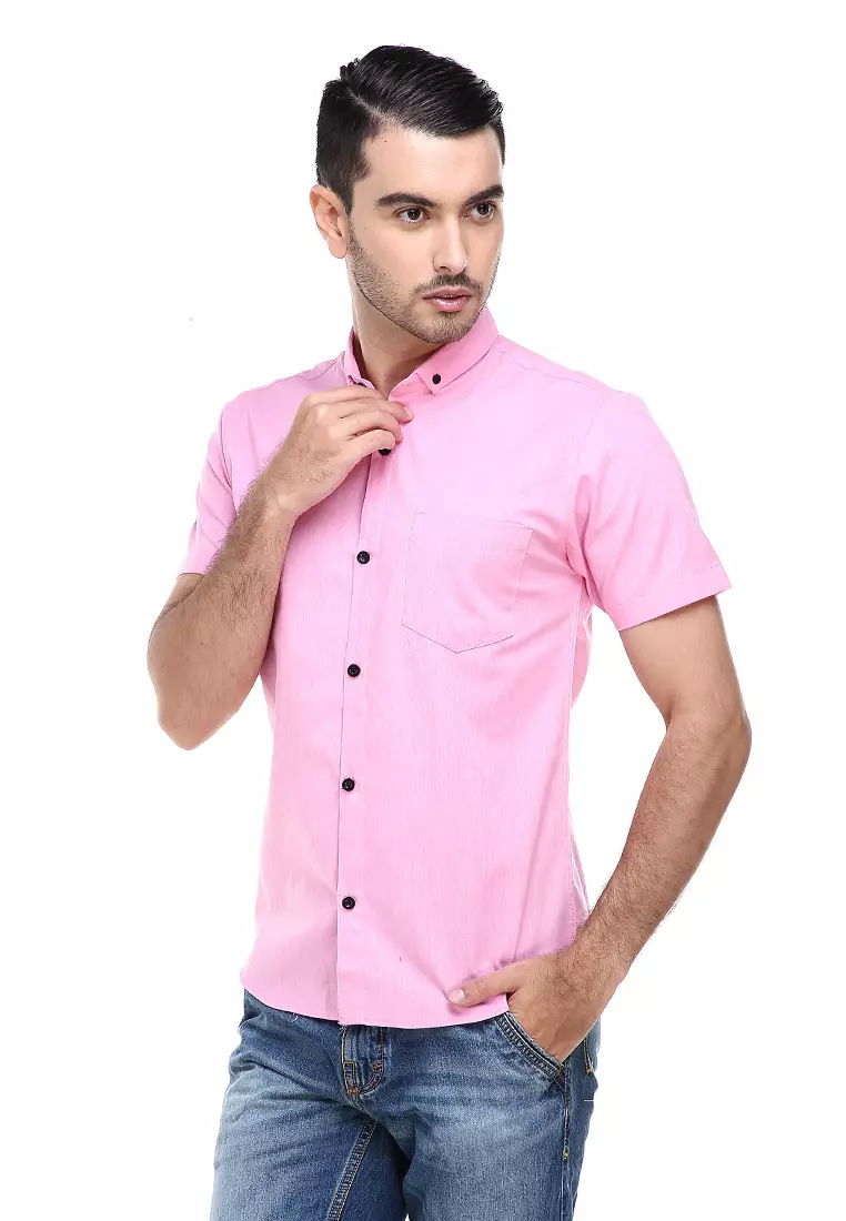 Dwan Casual Shirt Kemeja Polos Pria Lengan Pendek Kasual Formal Material Cotton ORIGINAL - Pink
