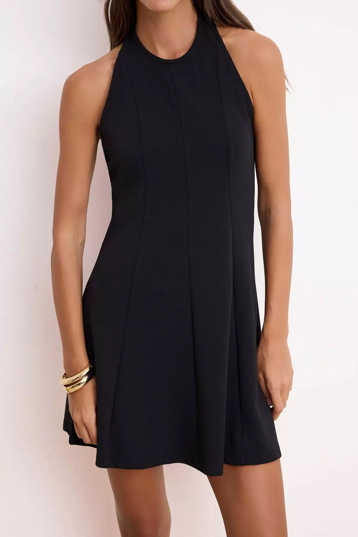 Black Open Waist Halter Neck Sleeveless Mini Scuba Crepe Knitted Dress Twoss26El12