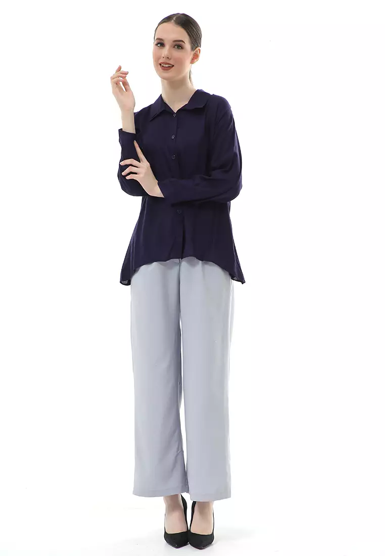 Ayudia Shirt Long Sleeve Atasan Wanita Premium Quality - Navy