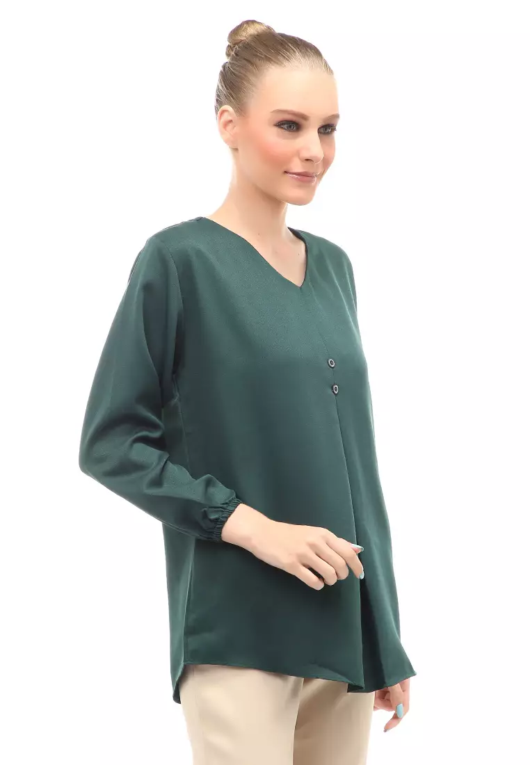 Mitzi Blouse Wanita Kerah V-neck Motif Solid Aksen Kancing Design Casual - Hijau Botol