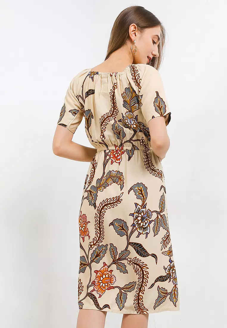 Dress Baju Batik Wanita Irene Cream Lengan Pendek
