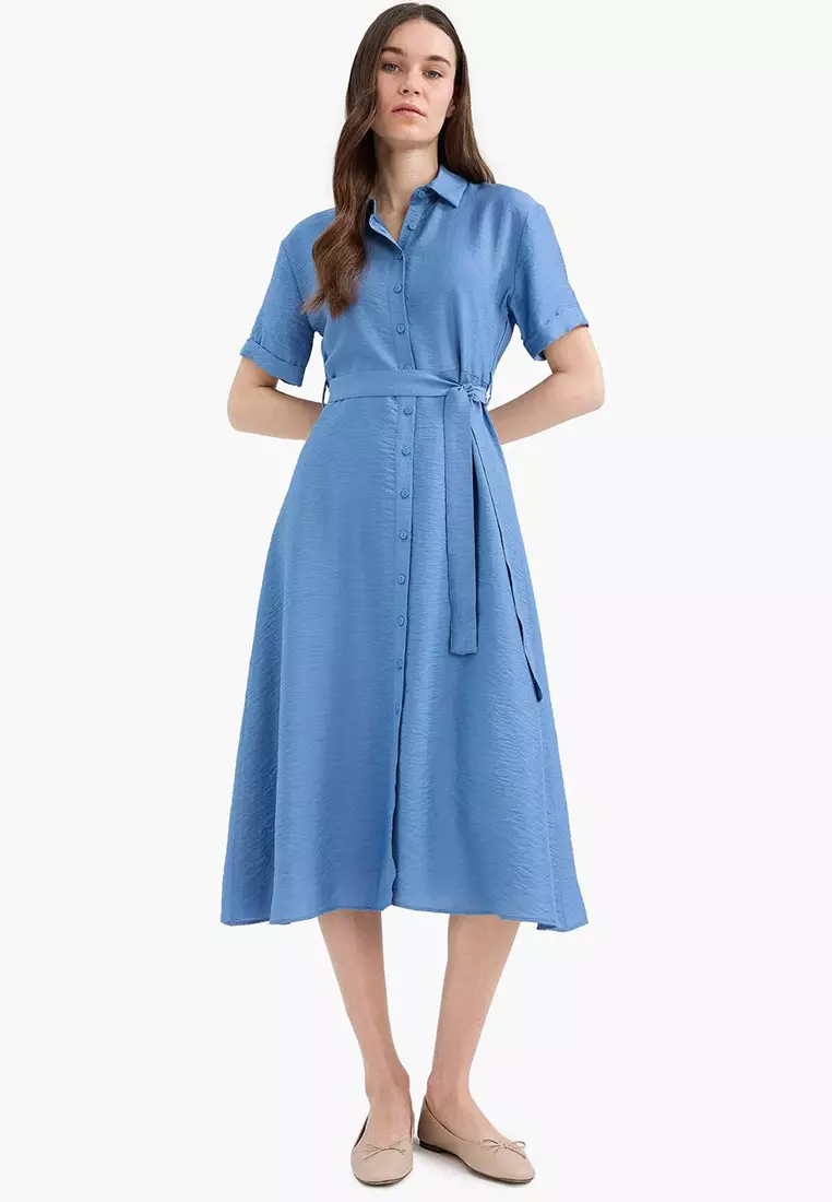princess polly baby blue dress Cinched Waist Button Up Dress - Blue | Ladies Workwear Online Singapore