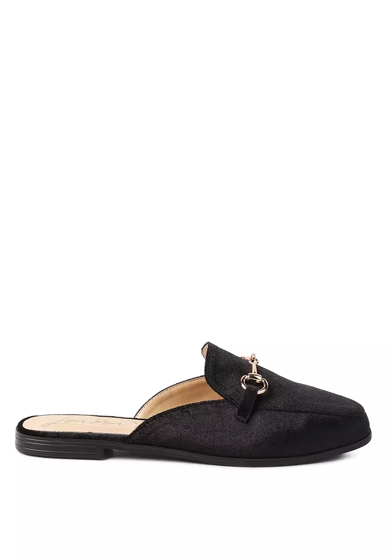 Discount on London Rag  shoes - SKU: Black Velvet Buckled Flat Mules