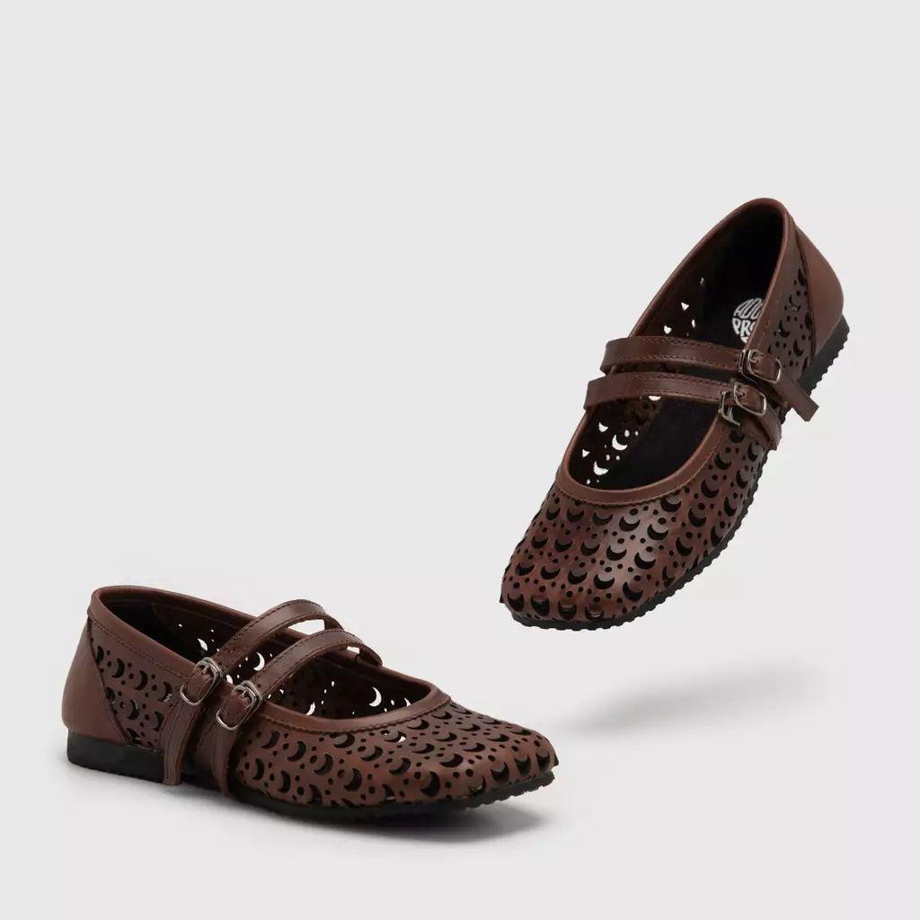Adorable Projects - Naureen Laser Cut Flat Shoes Genuine Leather Brown