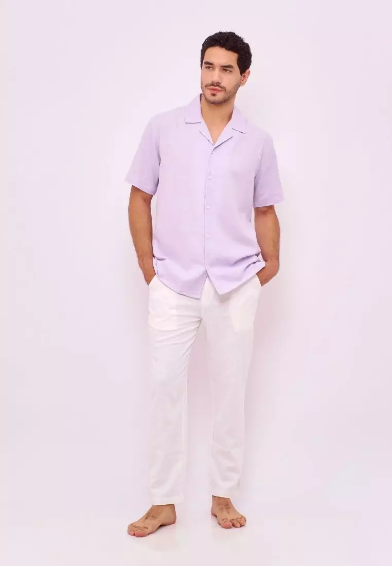 Acadia Kemeja Linen Lengan Pendek Pria Ungu Muda | Linen Short Sleeve Shirt Men Lilac