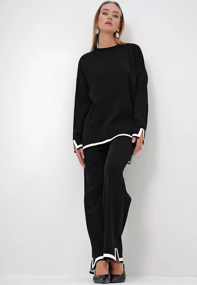 Contrast Trims Knitted Blouse and Pants Set