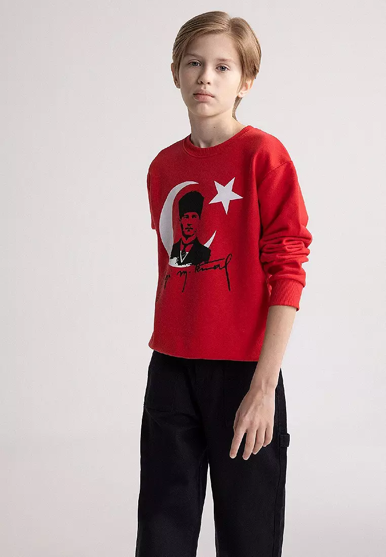 Crew Neck Atatürk Printed Red Sweatshirt