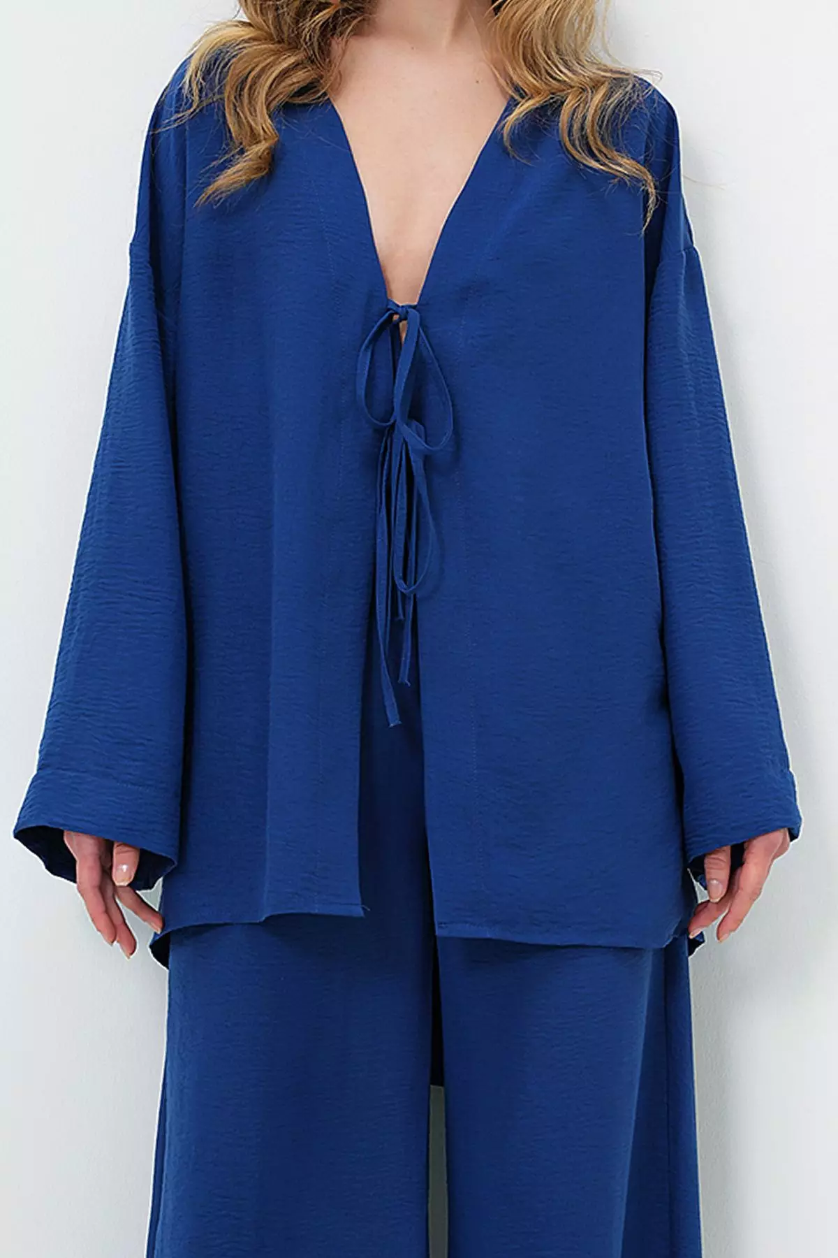 Women's Navy Blue Lace-Up Kimono Jacket And Palazzo Pants Set Alc-X12452