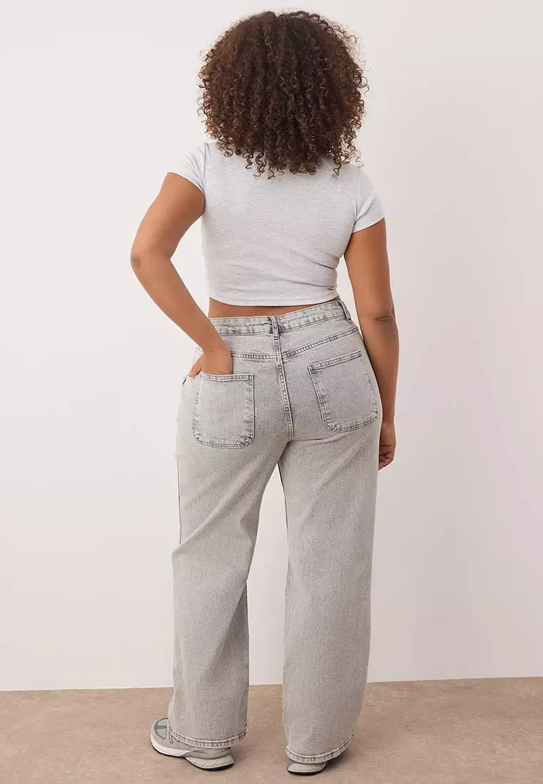 Gray High Waist Wide Leg Plus Size Jeans Tbbss24Cj00048