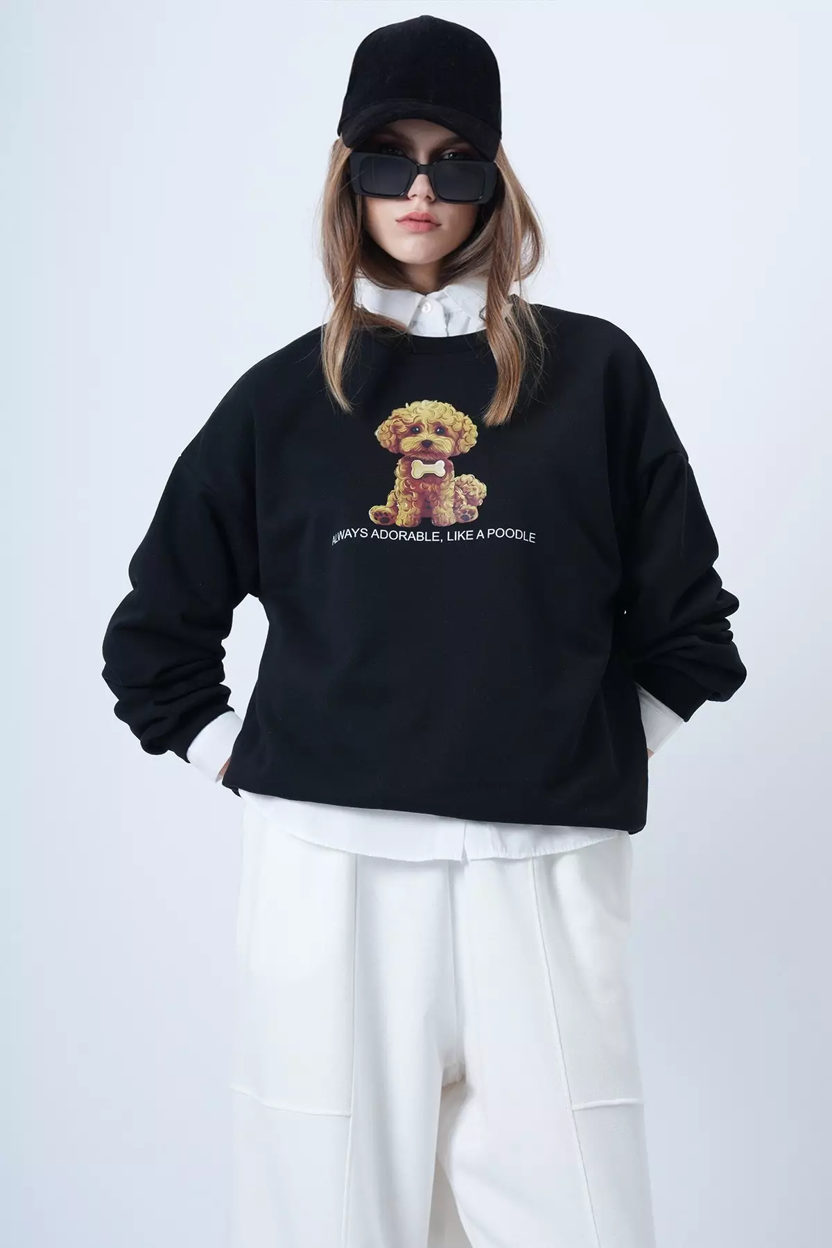 Women'S Black Front Printed Oversize Cotton Sweatshirt Alc-X14651