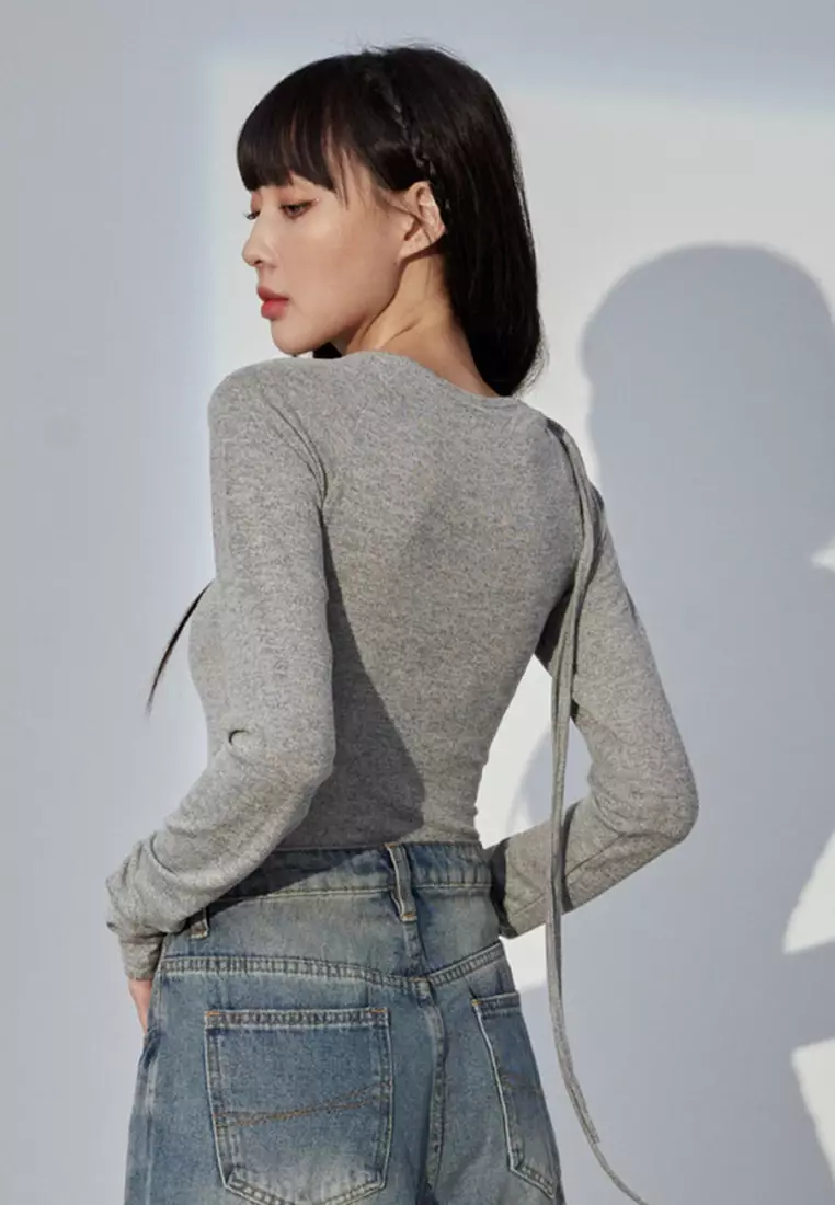 Long Sleeve Top With Tie-Front Strap Neckline