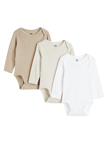 H&M white and beige 3-Pack Long-Sleeved Cotton Bodysuits A5766KAE2F053FGS_1