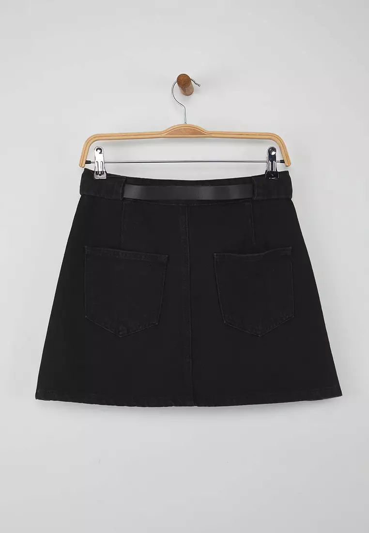 Trendyolmilla Wardrobe Essentials Black More Sustainable Belt Detailed Denim Skirt Twoaw26Et00027