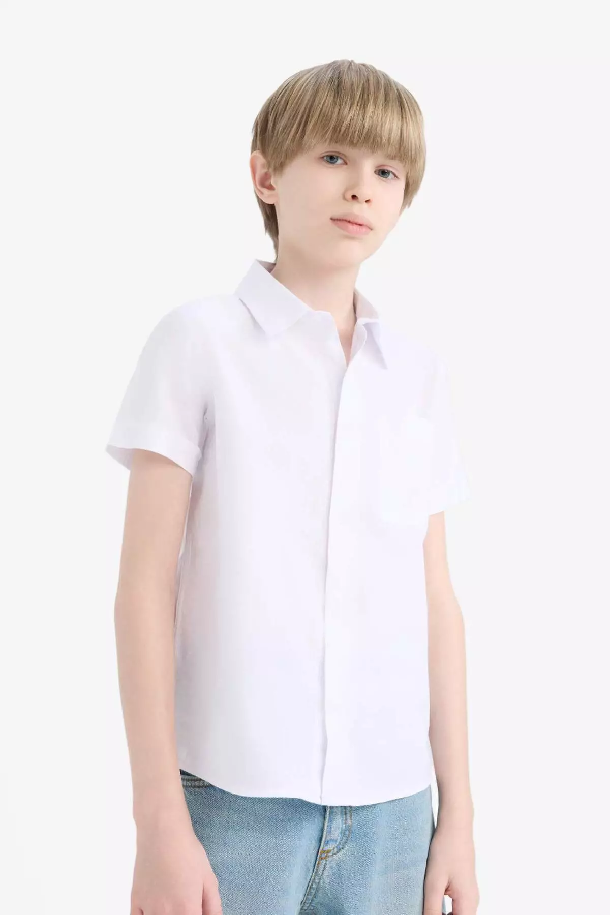 Boy's Polo Neck Linen Look Basic Plain Short Sleeve Shirt Z3204A625Sm