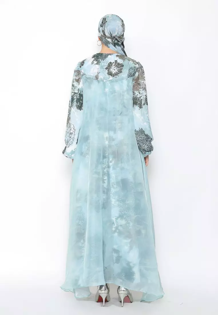 Rinjanie x Senorita  - Gamis Rosslen Mint Tea - Gamis Set Scarf Raya - Gamis Set - Gamis Printing Mix Organza - Dress Raya - Dress mix organza - GMKY - MT