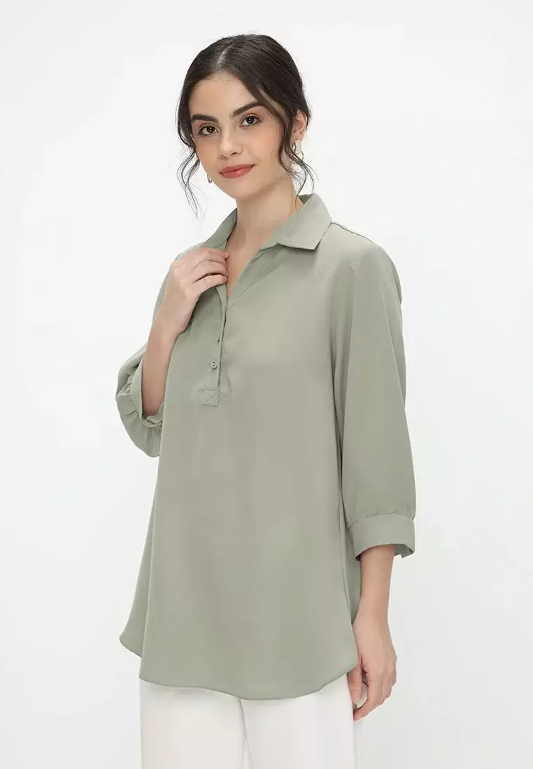 Blouse Plain Flowy V Neck By Brilliant Girl Warna Hijau