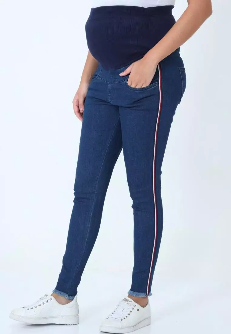 Distress Taped Maternity Denims with Belly Support-Blue