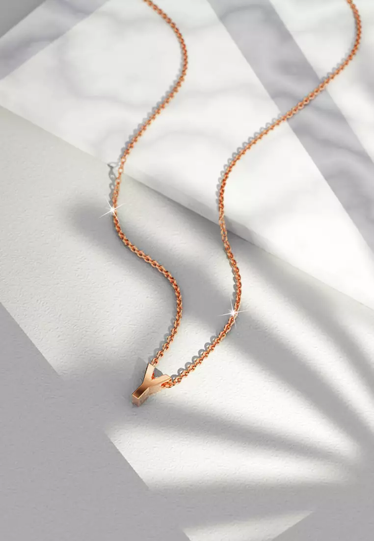 Initials Brick Alphabet Letter Necklace Rose Gold Layered Steel Jewellery - Y