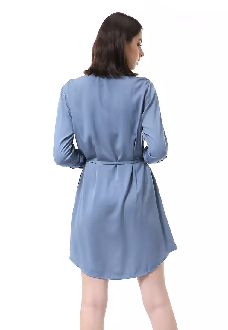 Rachel Dress Wanita Model Kemeja Full Kancing Long Sleeve Material Twill Rayon ORIGINAL - Blue