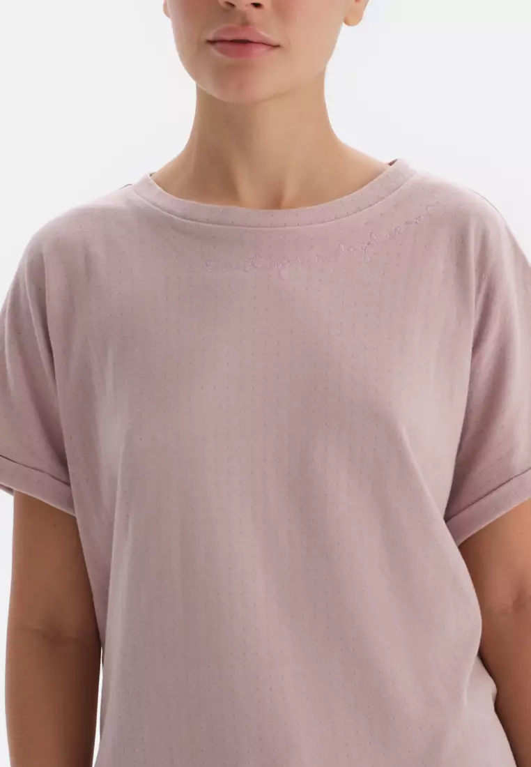 Light Pink T-Shirt & Trousers Knitwear Set, Slogan Printed, Crew Neck, Oversize, Long Leg, Short Sleeve Sleepwear for Women