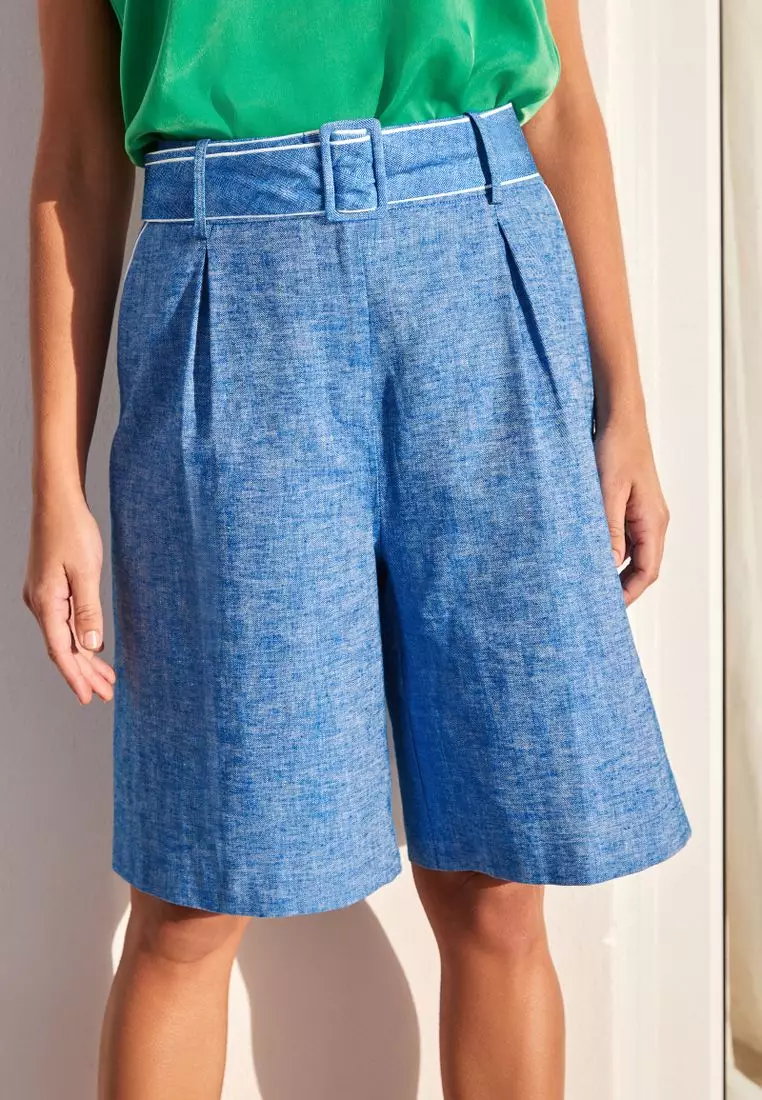 Cotton-Blend Belted Shorts With Linen In Camel - 6