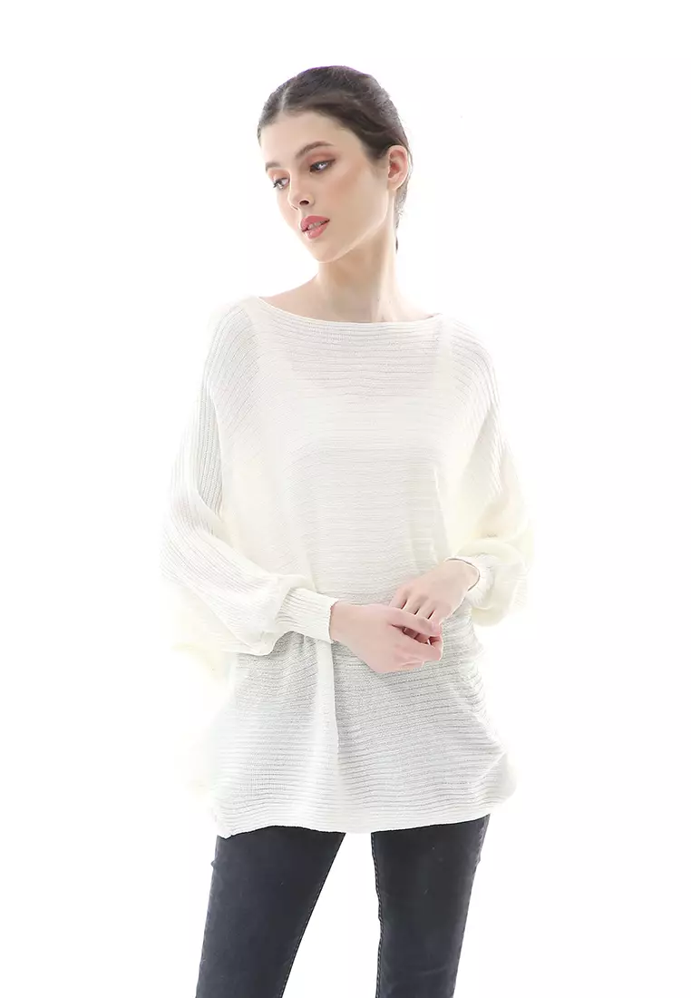 Eveline Sweater Rajut Batwing Atasan Wanita Motif Polos High Quality - Putih