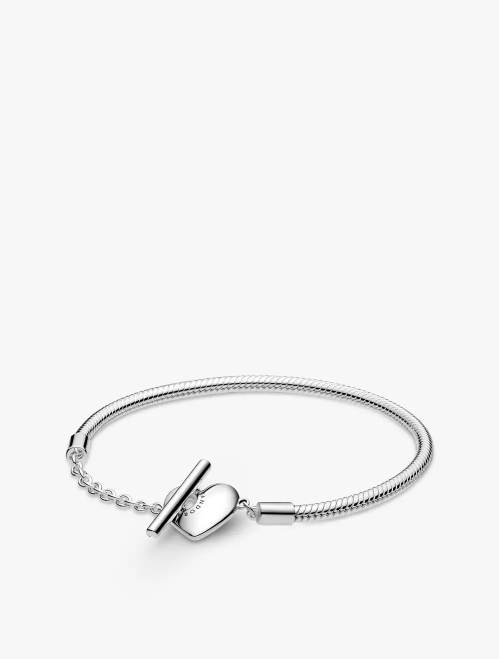 Snake chain sterling silver T-bar heart bracelet