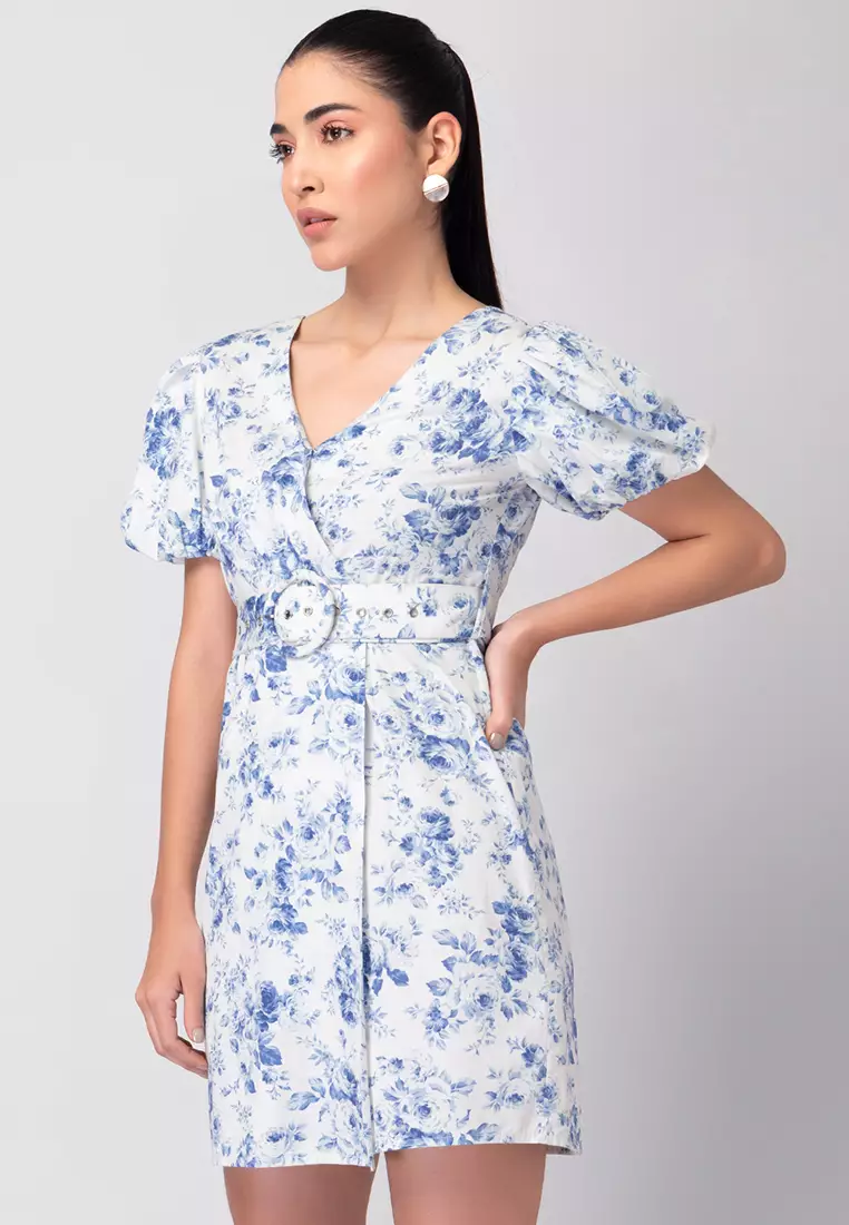 White And Blue Floral Wrap Dress with Self Fabric Belt