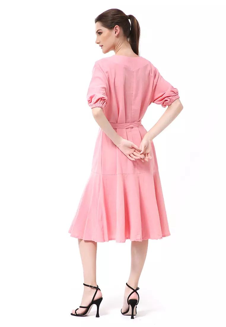 Rachel Midi Dress Ruffle Wanita with Strap Lengan Pendek Material Linen ORIGINAL - Pink