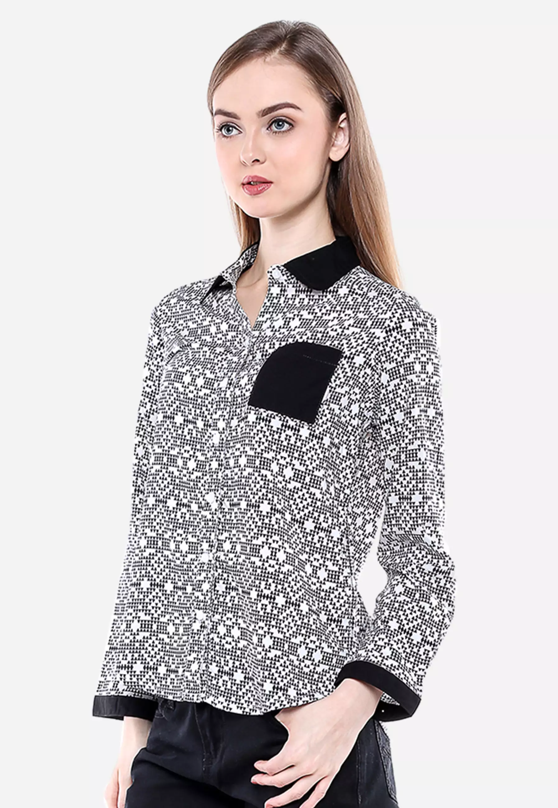 LGS - Regular Fit - Kemeja Wanita - Hitam/Putih - Kotak-kotak