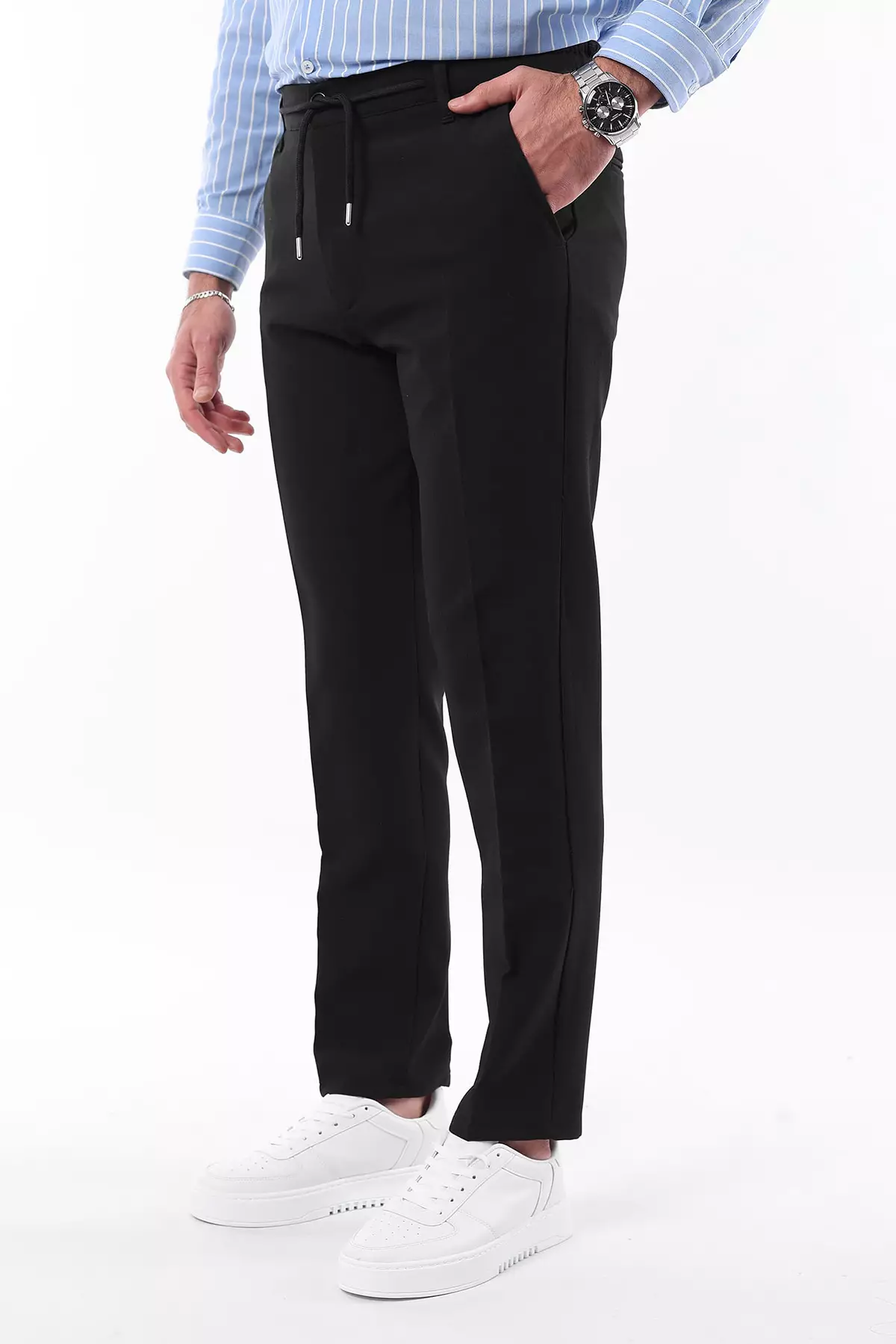 Black Slim Fit Elastic Fabric Woven Trousers With Tie Waist Detail Tmnaw25Pl00027