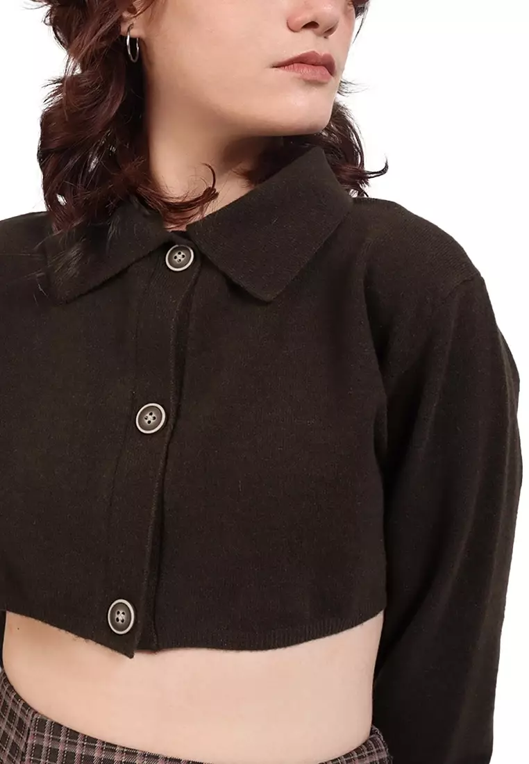 Cropped Button Down Collared Cardigan