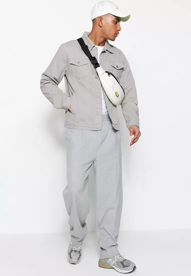 Men's Gray Palazzo Elastic Waist Pleated Pants