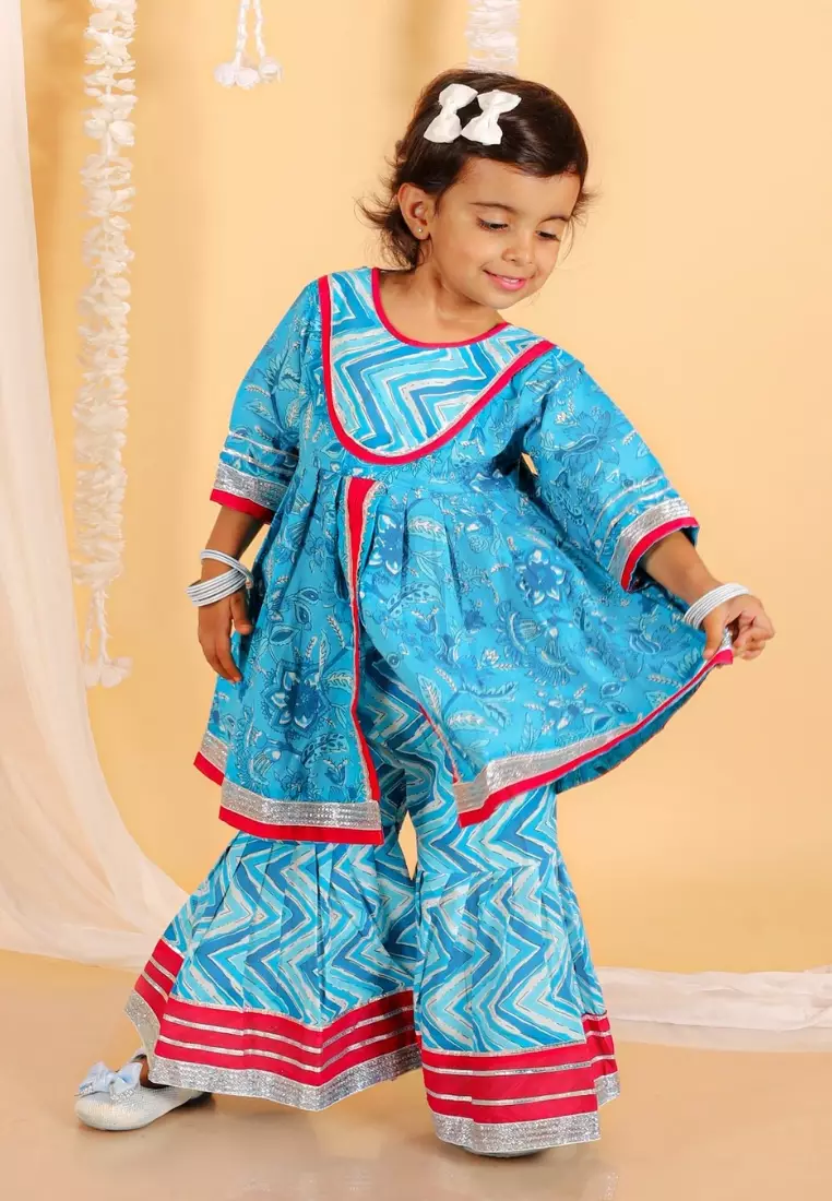 Ocean Blue Girls Anarkali Kurta Sharara Set