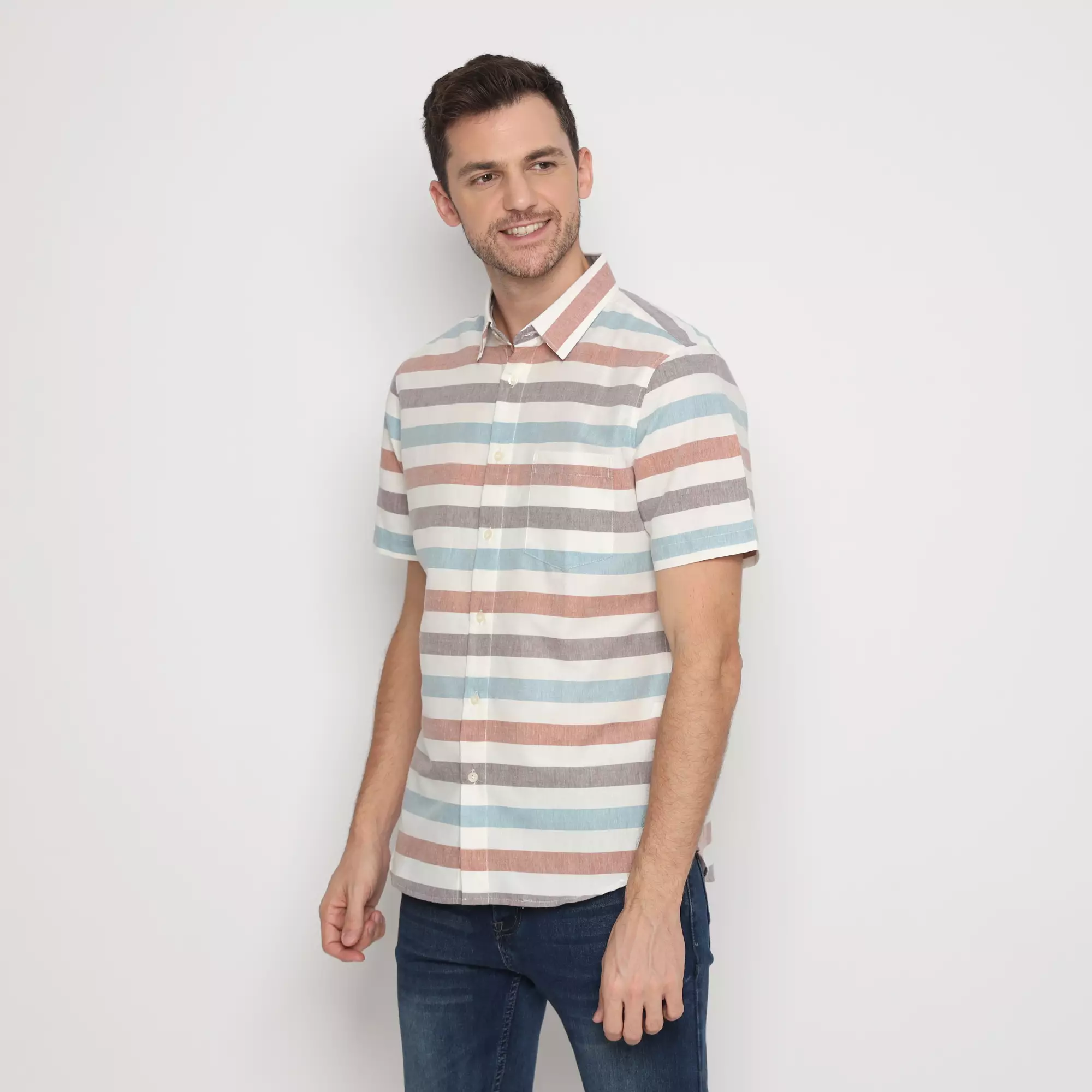 Platini Kemeja Motif Salur Pria Lengan Pendek Katun Broken White 73467