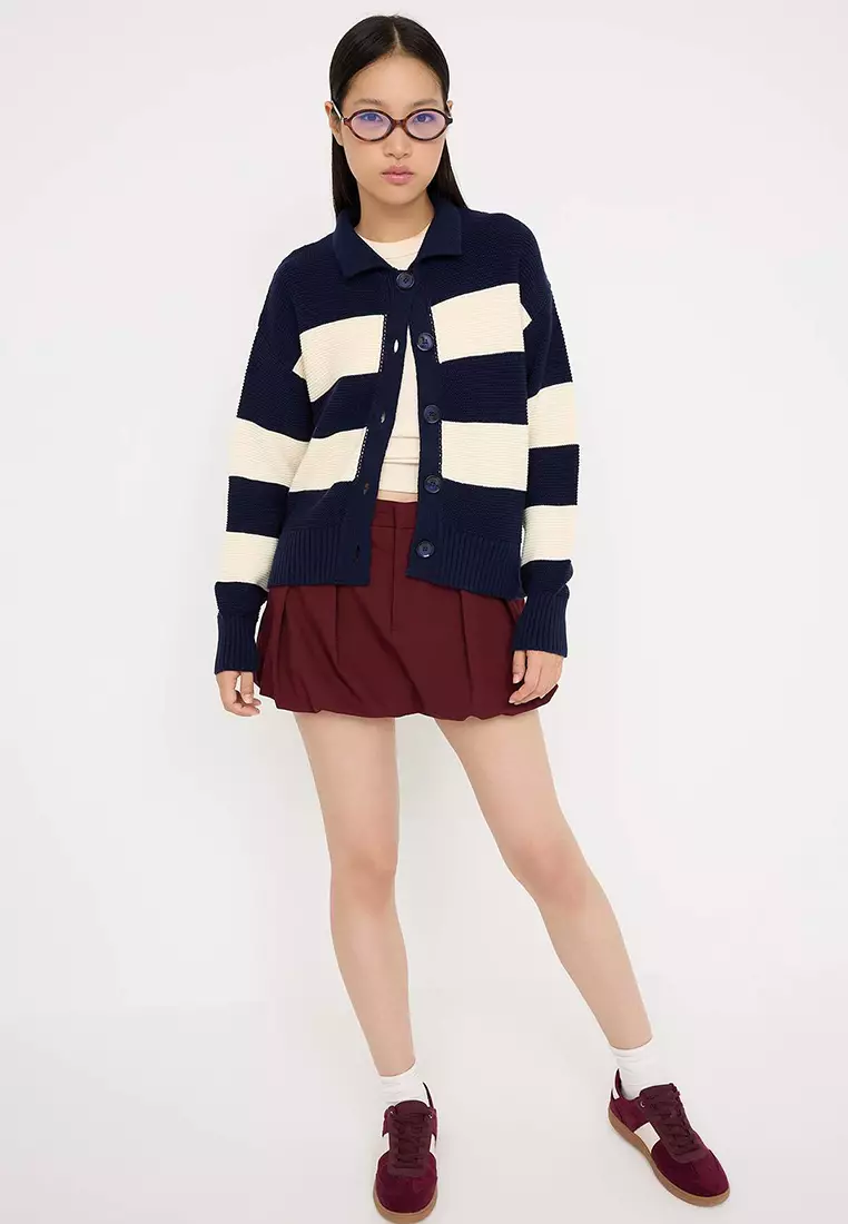 Teen Navy Blue Striped Polo Neck Knit Cardigan
