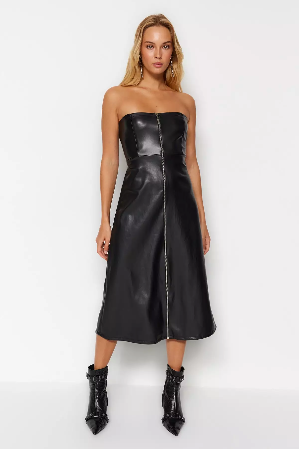 Genuine leather top midi dresses