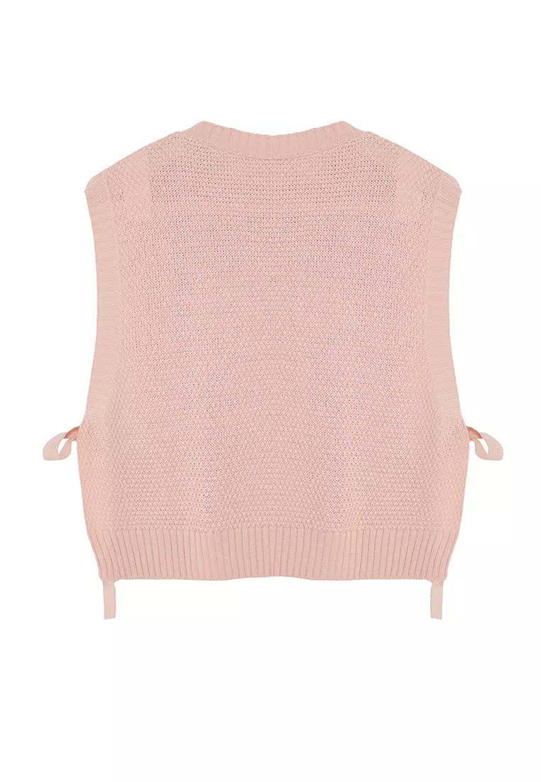 Pink Crop Side Ribbon/Bow Tie Detailed Knit Sweater TWOAW22SV0058