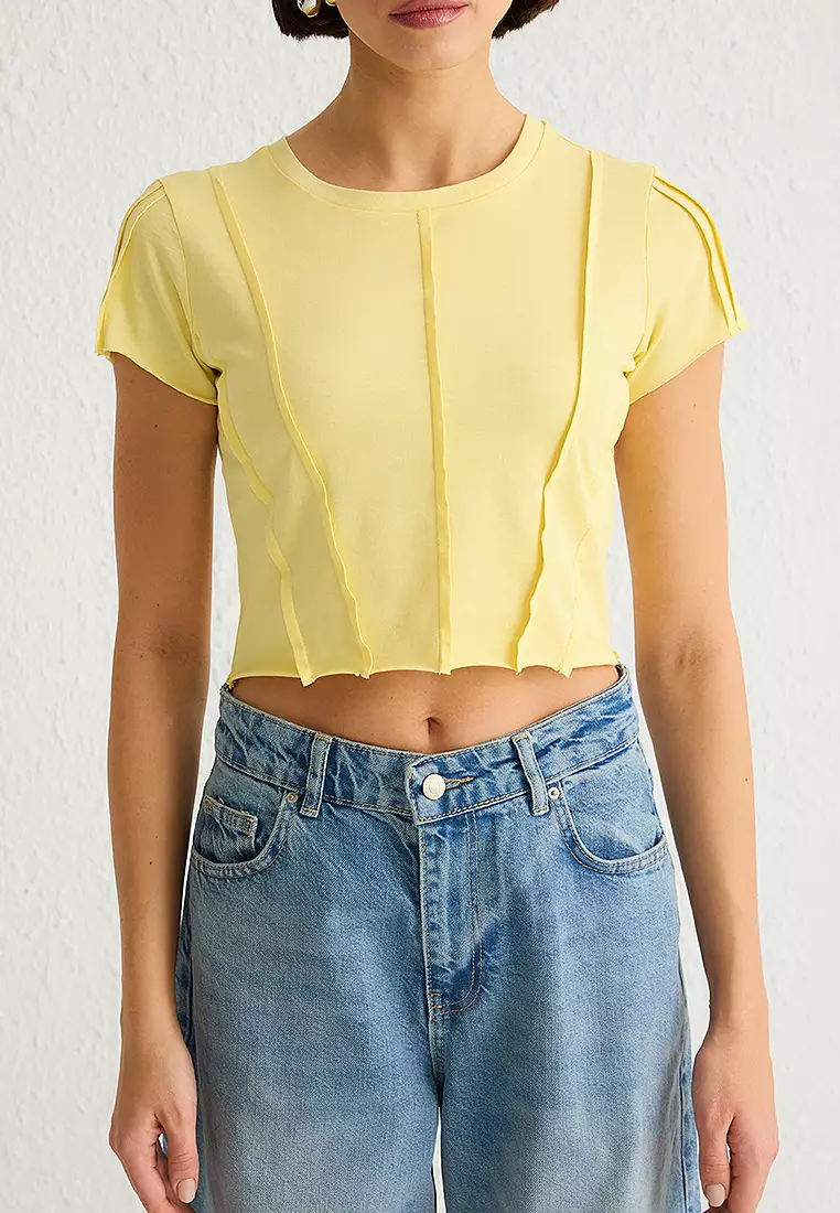 Yellow Ribbed Fitted/Fits Crop Knit T-Shirt