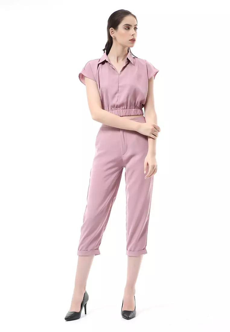 Nayra One Set Setelan Atasan Crop Karet Lengan Pendek Basic Pants Wanita Material Dolce ORIGINAL - Dusty Pink