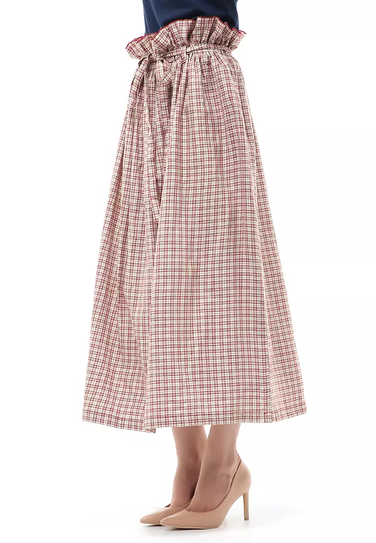 Amel Long Skirt Bawahan Wanita Motif Kotak-Kotak Regular Fit - Crimson