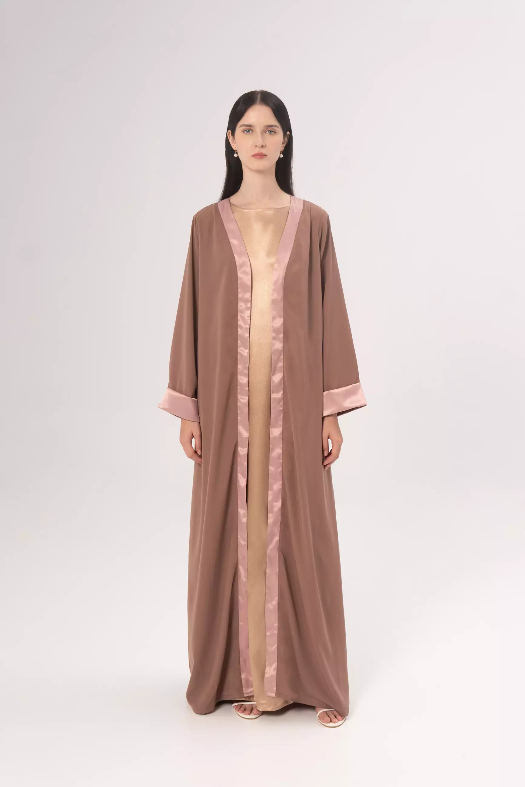 DEMURE&CO - DESSENTIALS ZADA OPEN ABAYA IN COFFEE - DAILY WEAR ABAYA
