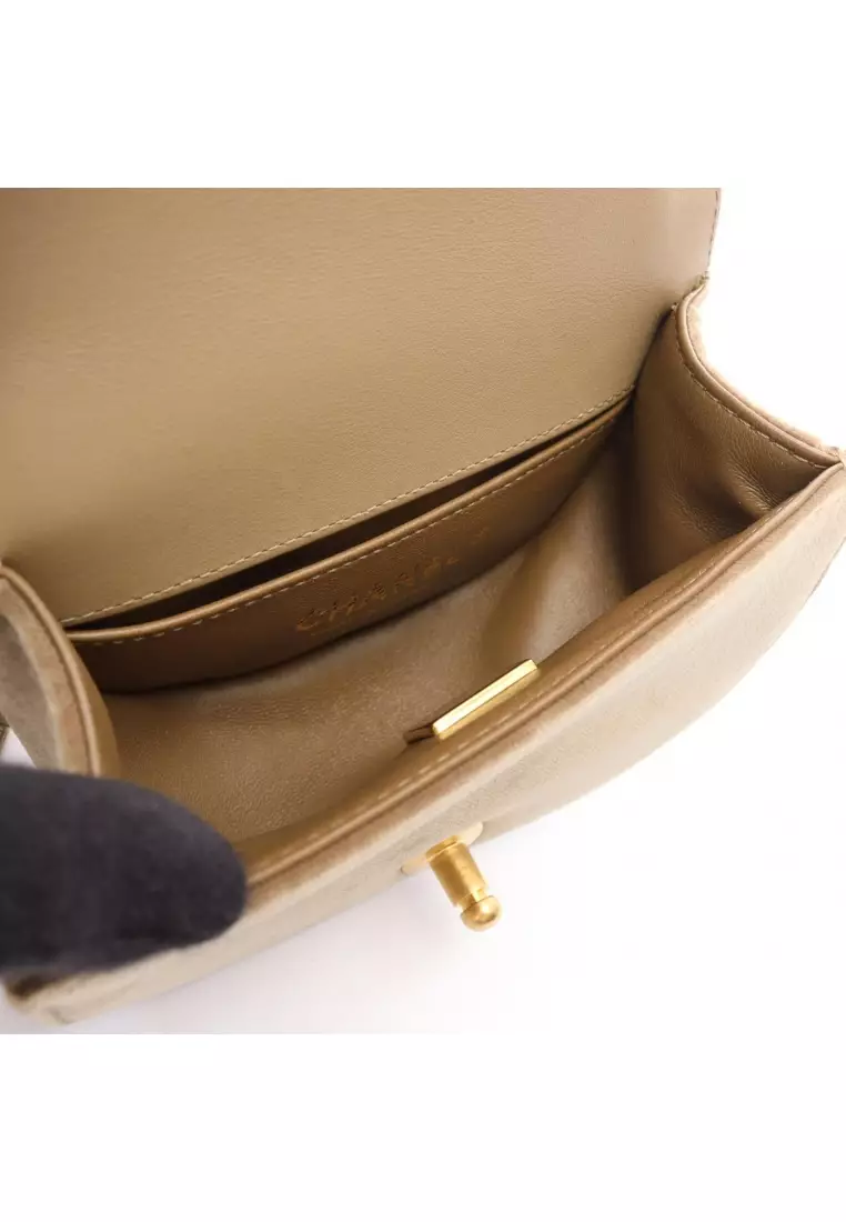 Pre-Loved Chanel boy chanel mini matelasse chain shoulder bag Velor Khaki brown gold hardware