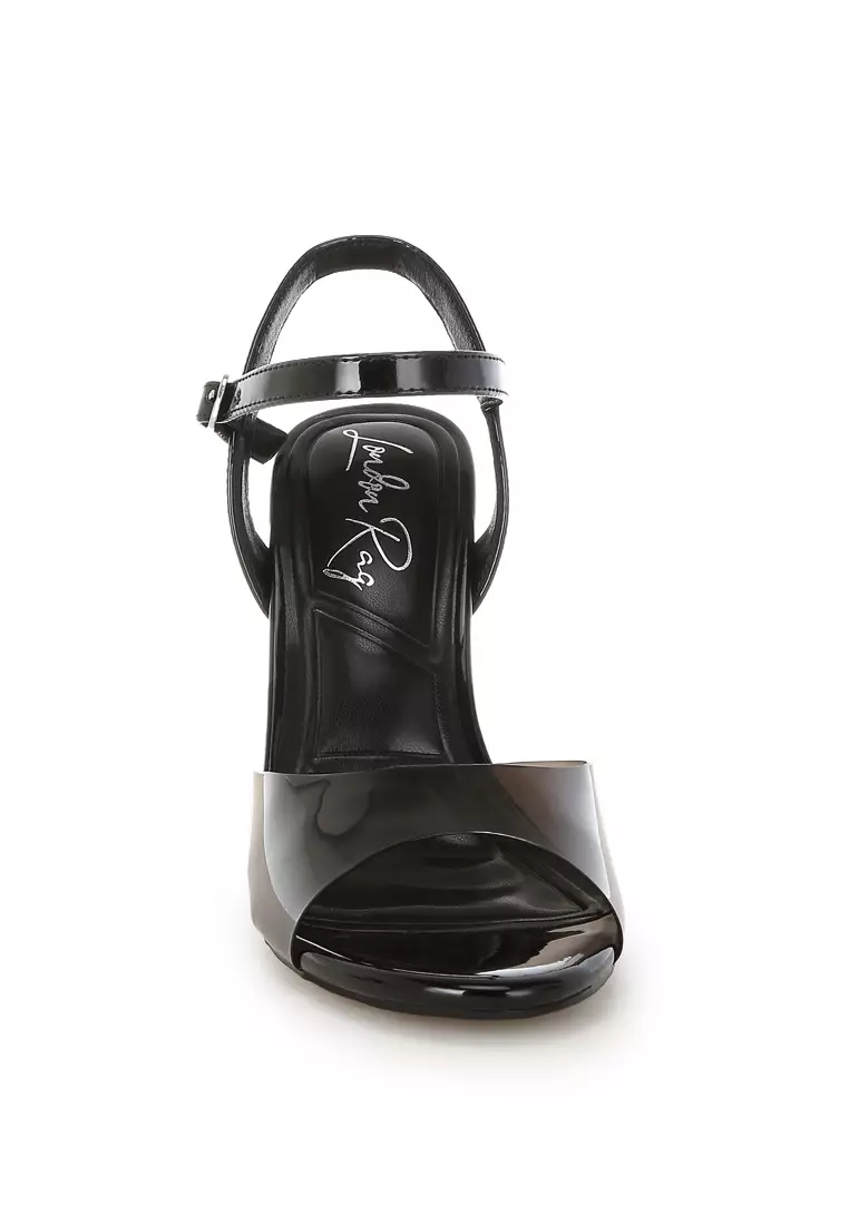 Tinted Clear Strap Block Heel Sandals in Black