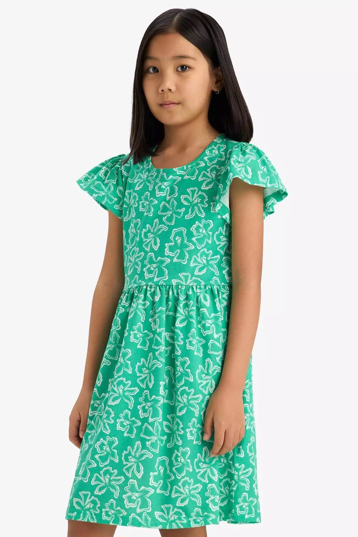 Girls' Crew Neck Patterned Short Sleeve Summer Dress B4339A825Sm