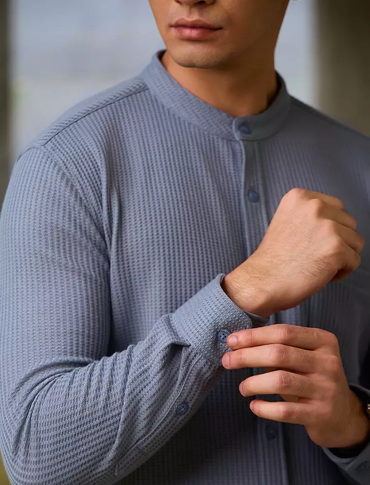 OXCON kemeja Tangan Panjang Waffle Kerah Collarless Blue Grey