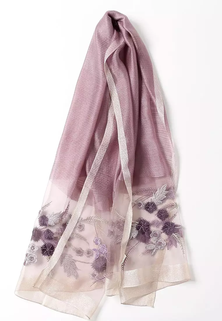 Aksesoris Wanita Golden Thread Embroidery Floral Beaded Silk Shawl Syal Sutra Wanita Bordir Lavender