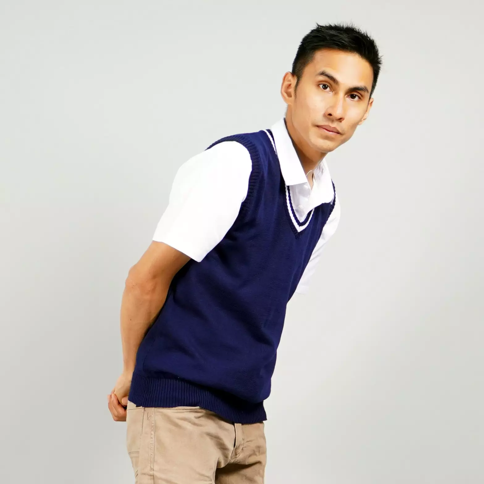 VIJAY Knit Vest Rompi Rajut Rompi Pria Navy Rompi List Leher Rompi Seragam - NAVY