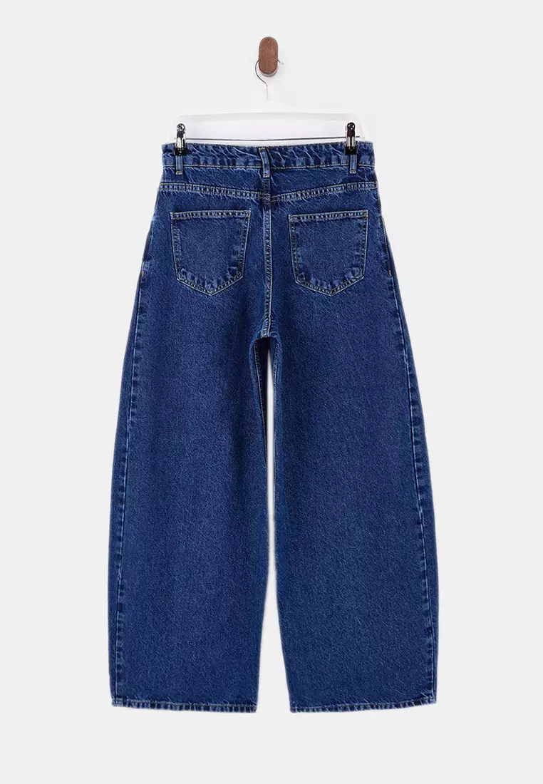Limited Edition Blue Draped High Waist Baggy Jeans With Stitching Detail Twoss26Je8