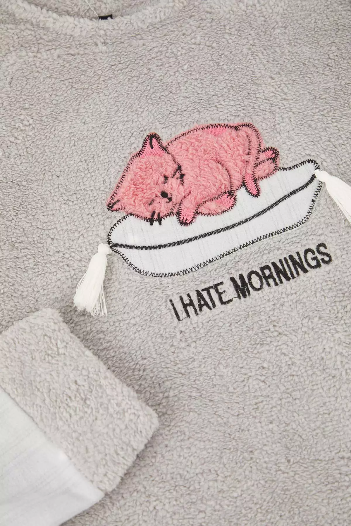 Gray Cat Printed Polar Fleece Plus Size Pajama Set